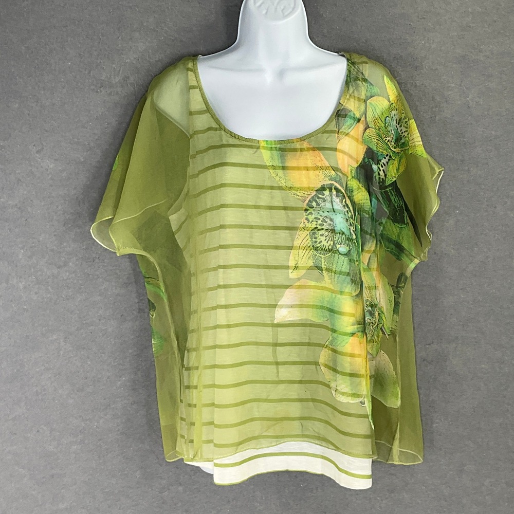 Live and Let Live Women's XL Green Floral Stripe Sheer Overlay Poncho Top